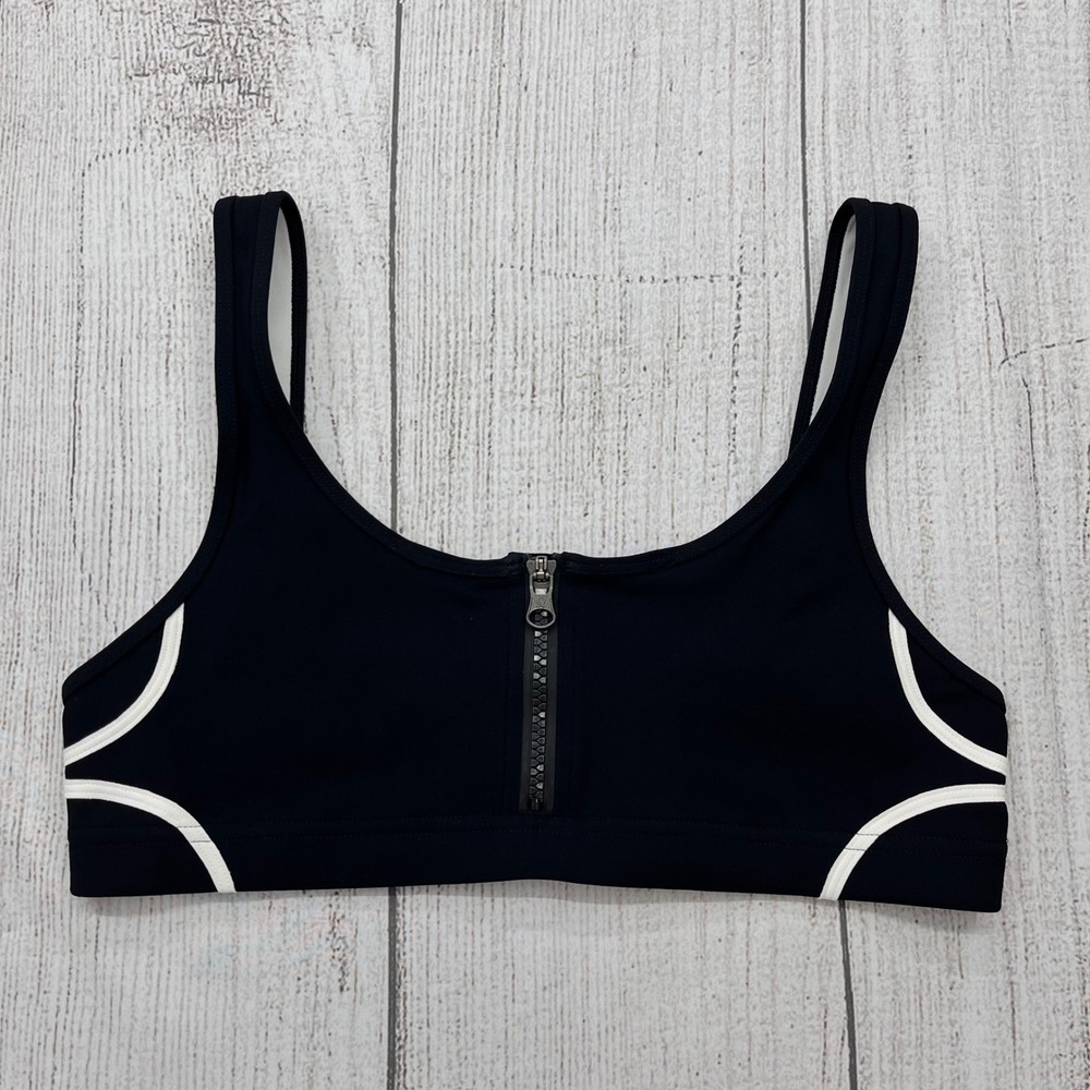 Lululemon Black White Zip Front Sports Bra Scoop Neck Contrast Piping Sz 8